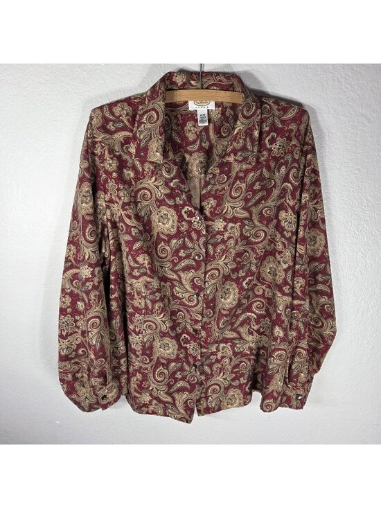 Talbots Tops - Vintage Talbots 18W Silk Wool Button Down Shirt 90s Pasley Burgundy Tan